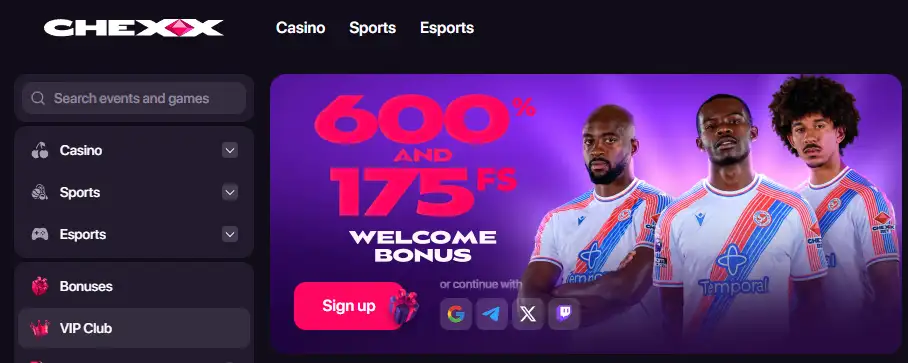CHEXX promotions and welcome bonus interface